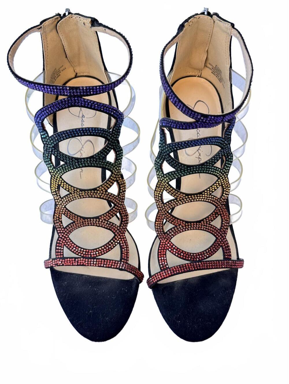 Jessica Simpson Rainbow Rhinestone Strappy Gladiator Heeled Sandals Black Suede